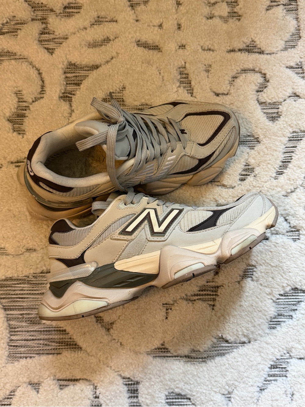 New Balance 9060 Woman’s Light Gray and Brown Retro Runner Sneakers